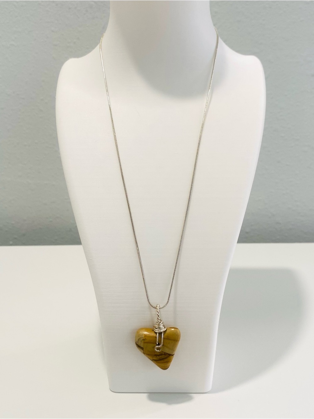 Yellow Tan Picture Jasper Heart Pendant Necklace Wrapped 925 Sterling Silver
